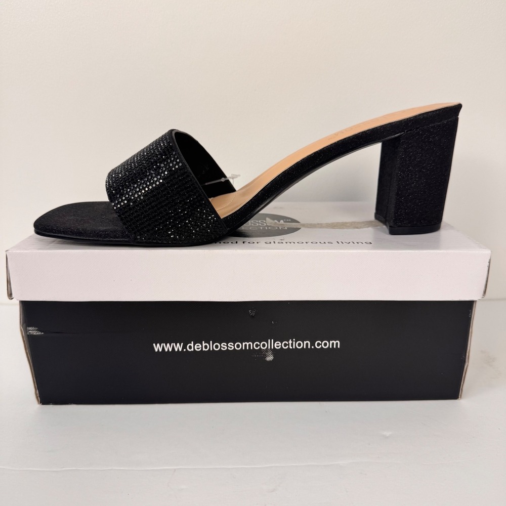 De Blossom Collection Verona Heels Women 11 Black Sparkle Block Heel Mules Wide